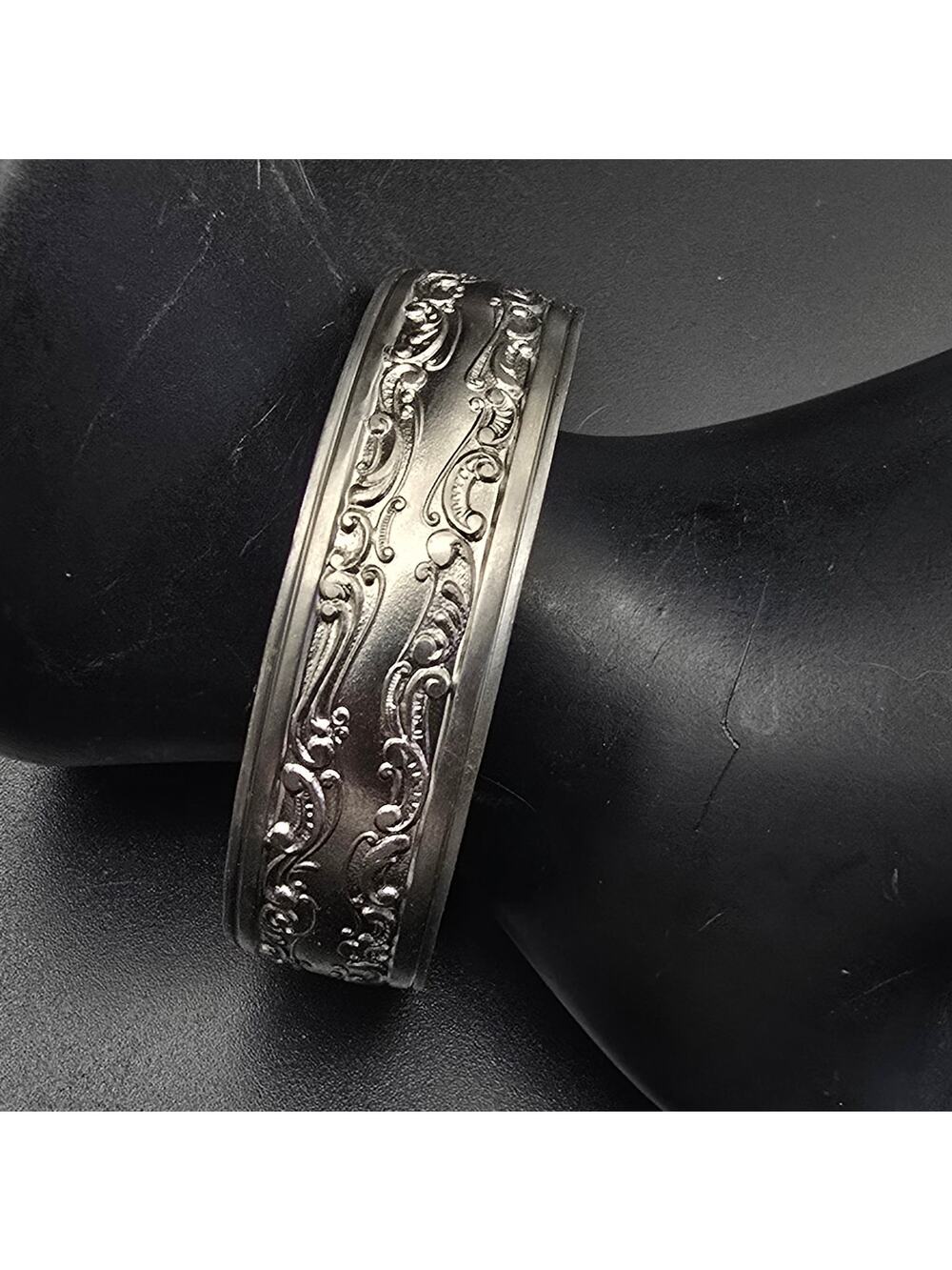 Silver Tone Steel Scroll Design Cuff Bracelet Vintage NOS Costume Jewelry